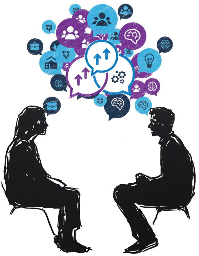 Two people in conversation with visual thought clouds